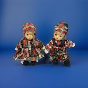 Vintage Little Boy And Girl Porcelain Dolls Farmhouse Overalls Dress 5.3"